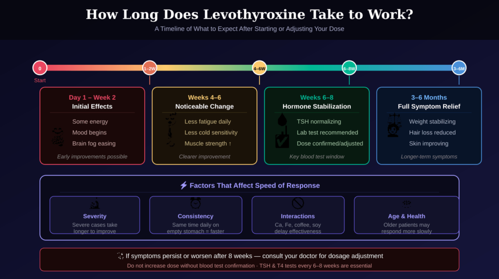 Find out how long levothyroxine typically takes to improve hypothyroidism symptoms, when thyroid hormone levels stabilize, and what factors can affect your response to treatment.