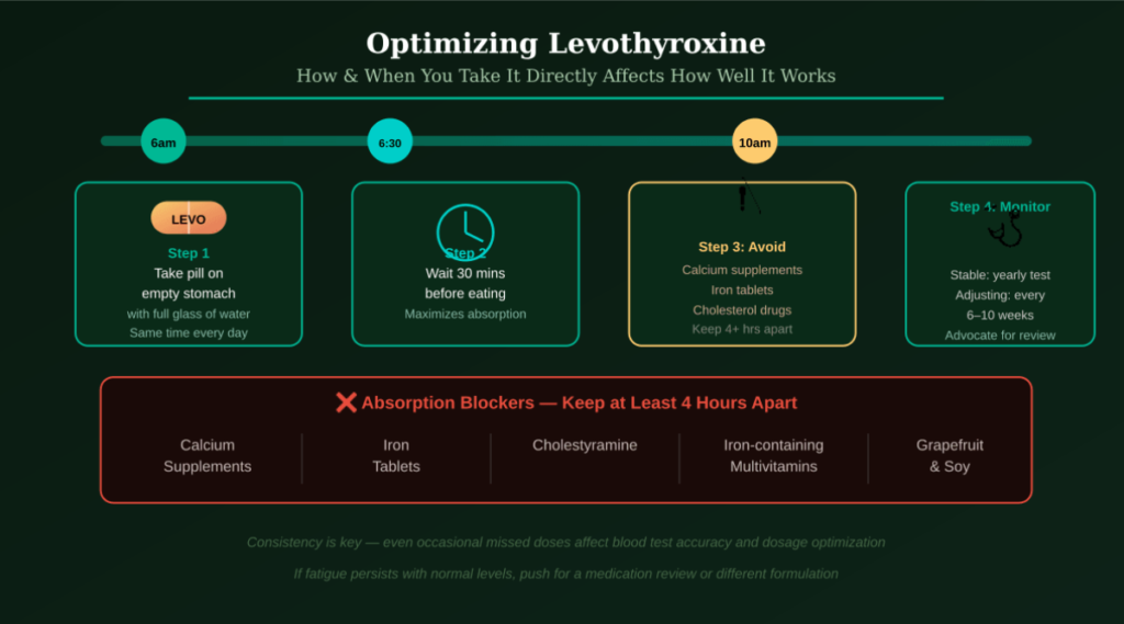 For best results, take levothyroxine at the same time every day, ideally first thing in the morning on an empty stomach, with a full glass of water. Wait at least 30 minutes before eating. Keep it at least four hours apart from calcium supplements, iron tablets, cholesterol-lowering drugs like cholestyramine, and multivitamins containing iron — all of which significantly reduce absorption. Grapefruit and soy products should also be consumed separately.