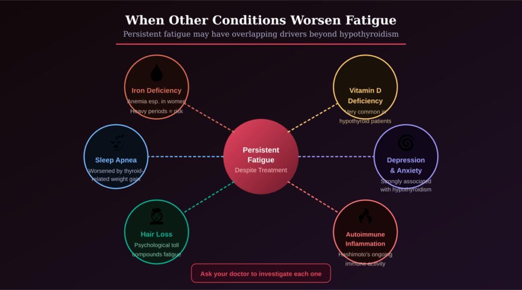 Persistent fatigue in hypothyroidism is sometimes driven — or worsened — by overlapping conditions that deserve their own investigation. Common culprits include iron deficiency anemia, which is particularly prevalent in women who experience heavy menstrual periods (itself a symptom of hypothyroidism), vitamin D deficiency, sleep apnea worsened by thyroid-related weight gain, and depression or anxiety, both of which are strongly associated with hypothyroidism and independently sustain fatigue.