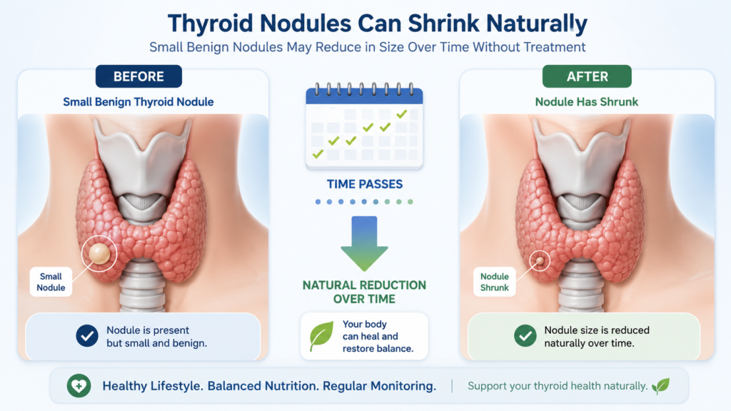Before-and-after illustration of a small benign thyroid nodule naturally shrinking over time with a calendar and downward arrow.