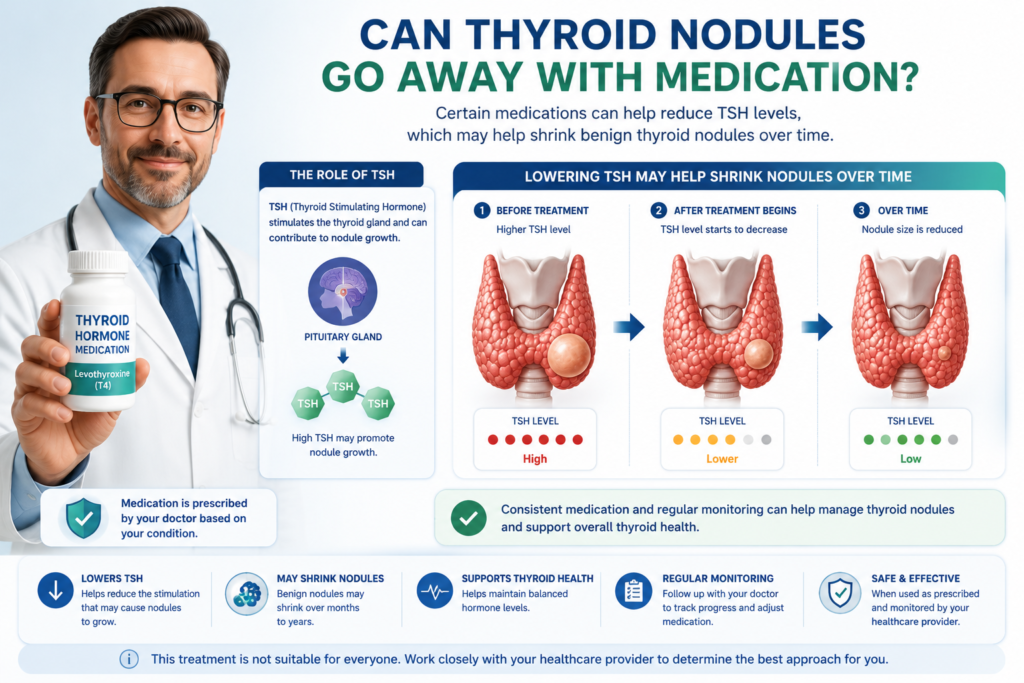 Doctor holding medication beside a thyroid diagram with TSH hormone icons and a gradually shrinking nodule.
