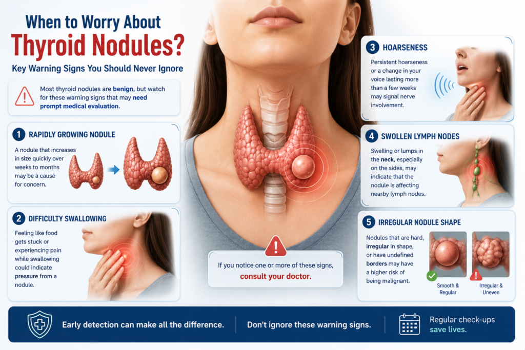 Medical illustration highlighting warning signs including a rapidly growing nodule, difficulty swallowing, hoarseness, swollen lymph nodes, and irregular nodule shape.